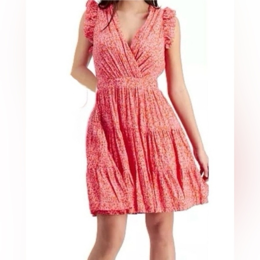 Rachel Zoe Floral Tiered Dress Flutter Sleeve Pink Orange Size 4